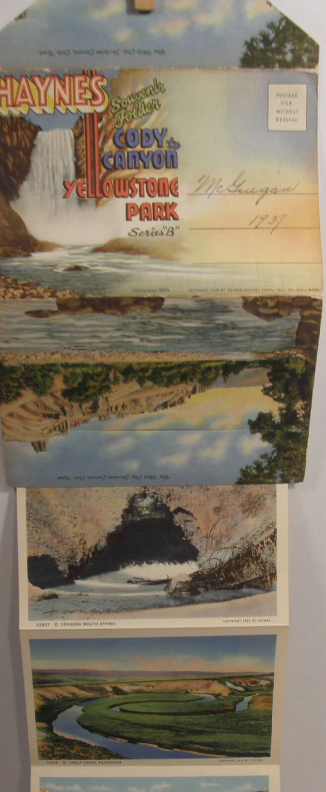 VINTAGE c1937 HAYNES SOUVENIR FOLDER POSTCARD YELLOWSTONE PARK SERIES A B C D