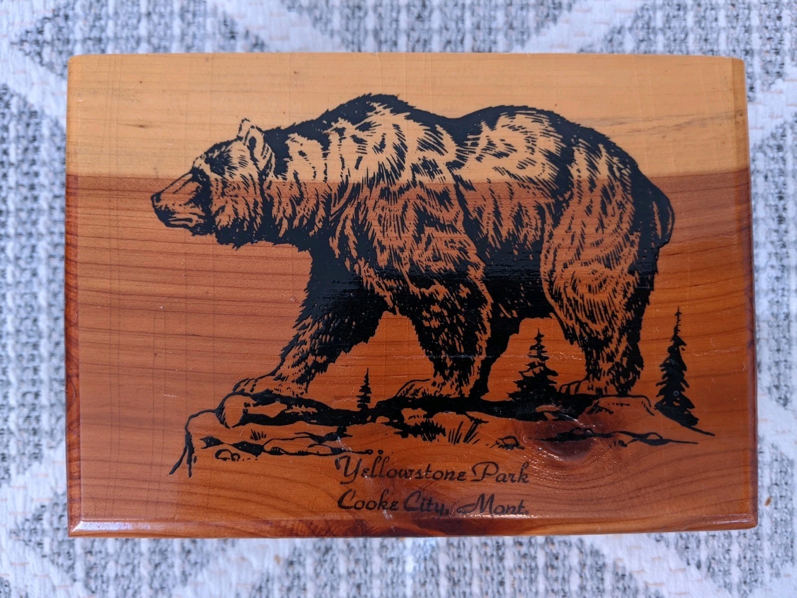 Vtg Bear Yellowstone Nat’l Park Cedar Chest Souvenir Trinket Box Cooke City MT