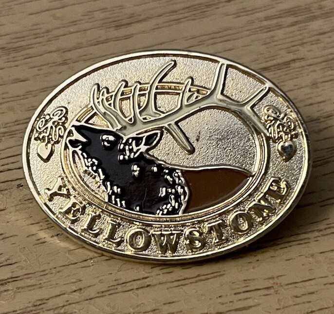 Yellowstone National Park Pin Wyoming USA DK Deer Elk Gold Tone 1.25” Lapel Pin