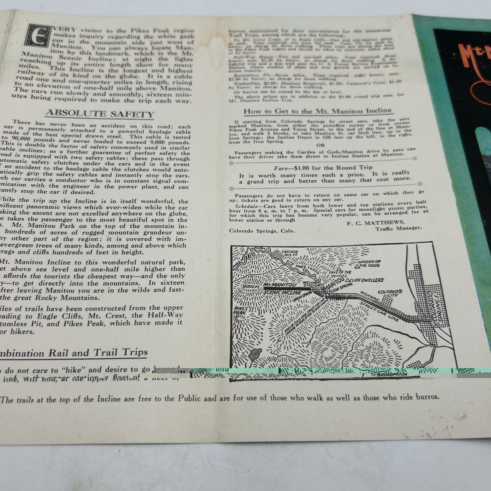 Original 1923 MT. MANITOU SCENIC INCLINE TRIP Cable Railway Photo Brochure Map