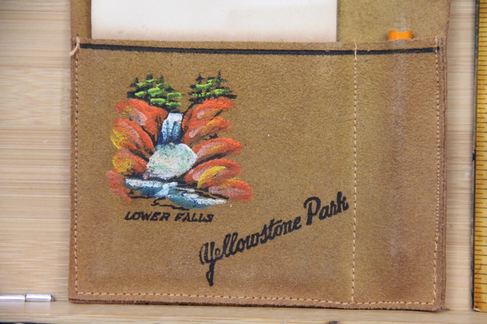 Vintage Yellowstone Park Lower Falls Leather note pencil souvenir Very Cute