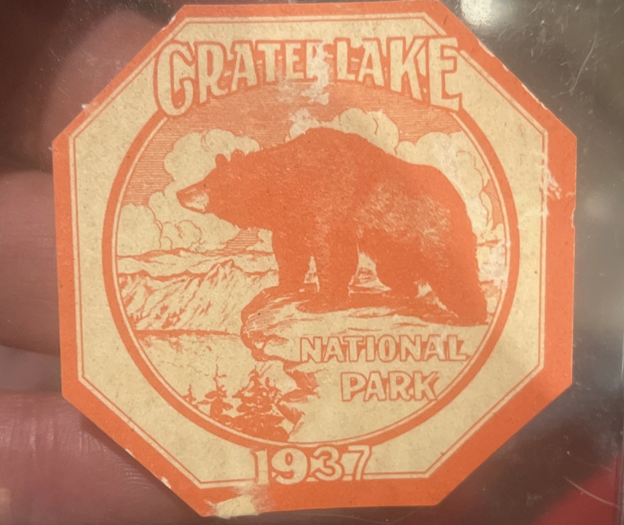 Crater Lake National Park US Orange Season Windshield Pass 1937 with Bear