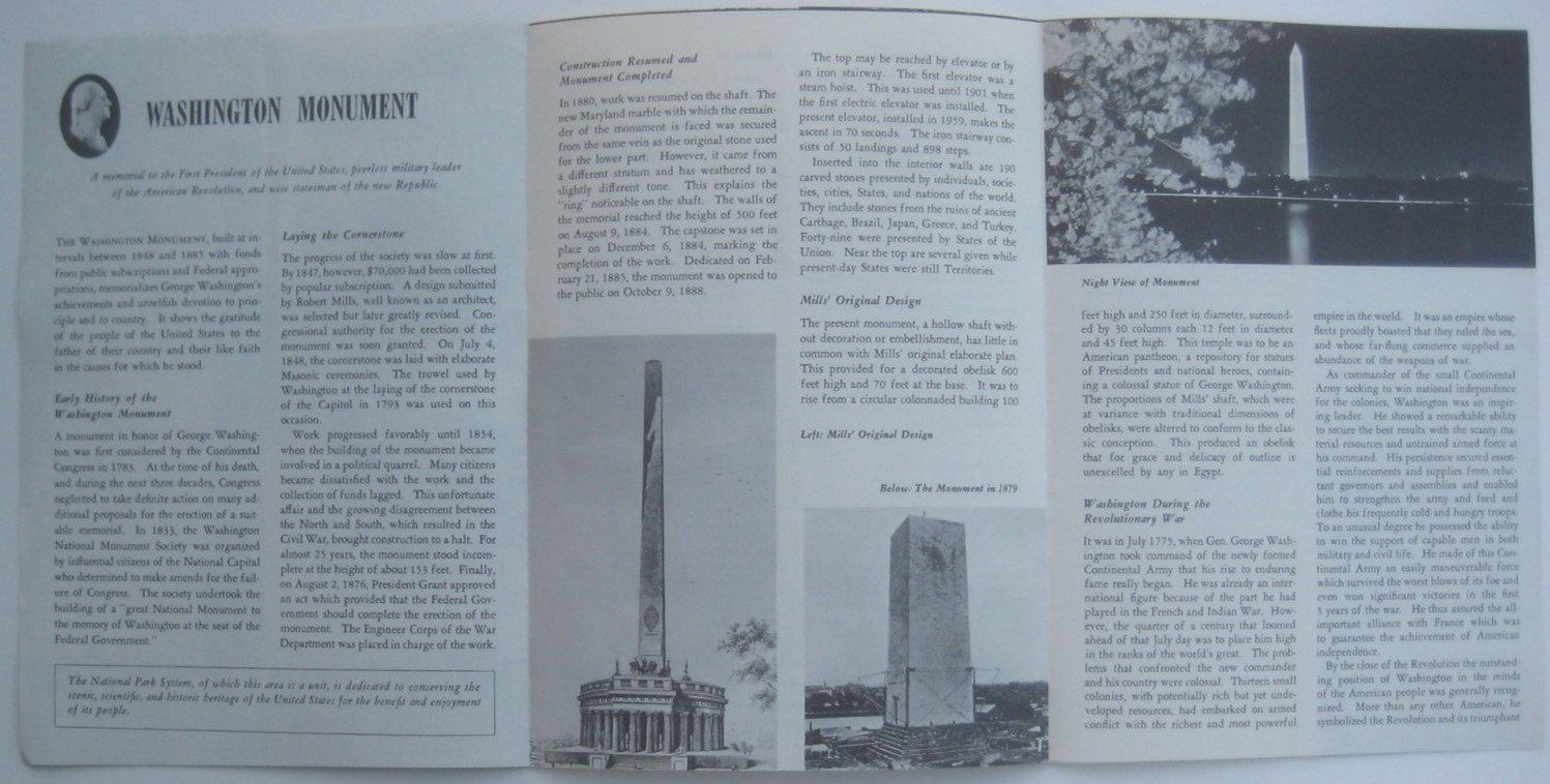 1961 WASHINGTON MONUMENT National Park Service Brochure Construction History