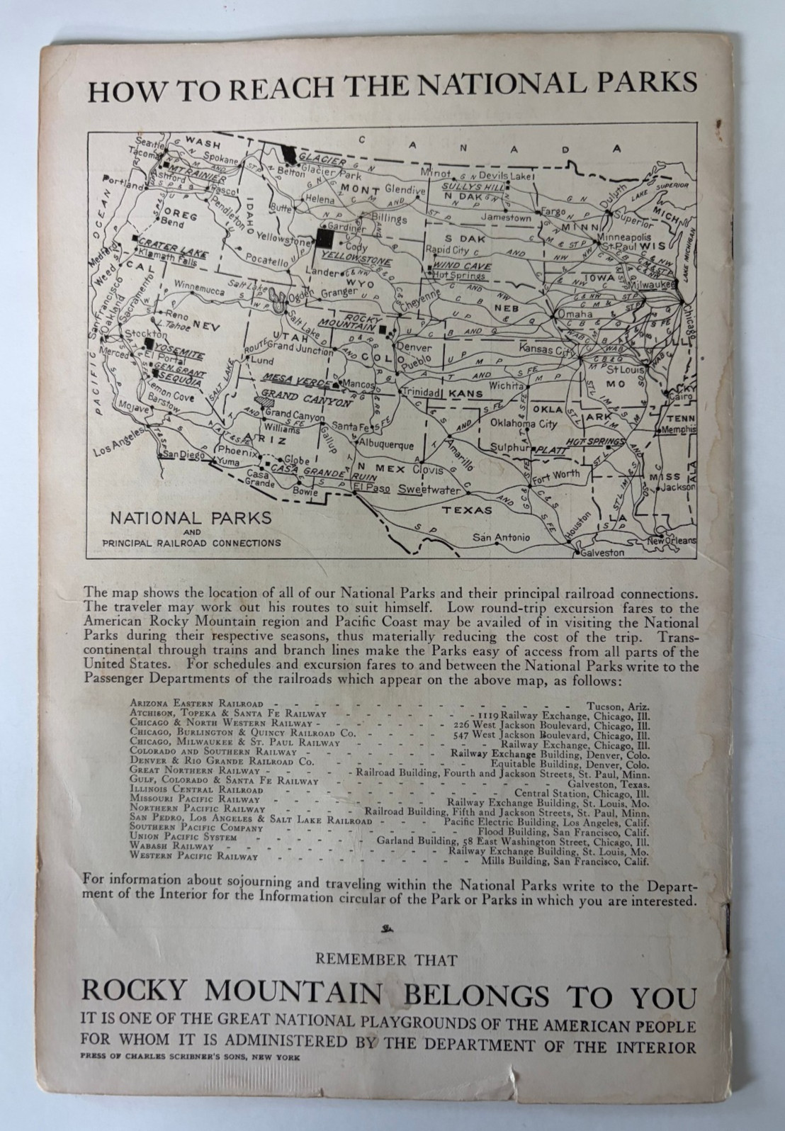 1916 Rocky Mountain National Park Booklet Dept of Interior Franklin Lane