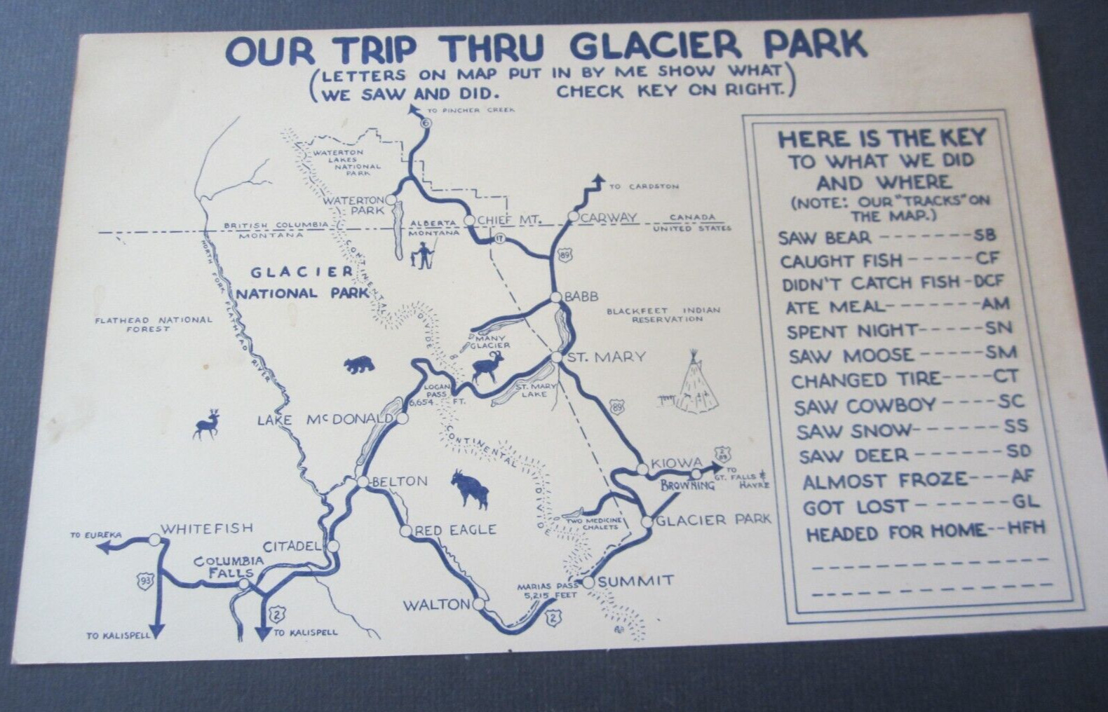 Old Vintage 1940’s – Our TRIP Thru – GLACIER NATIONAL PARK – Giant Postcard