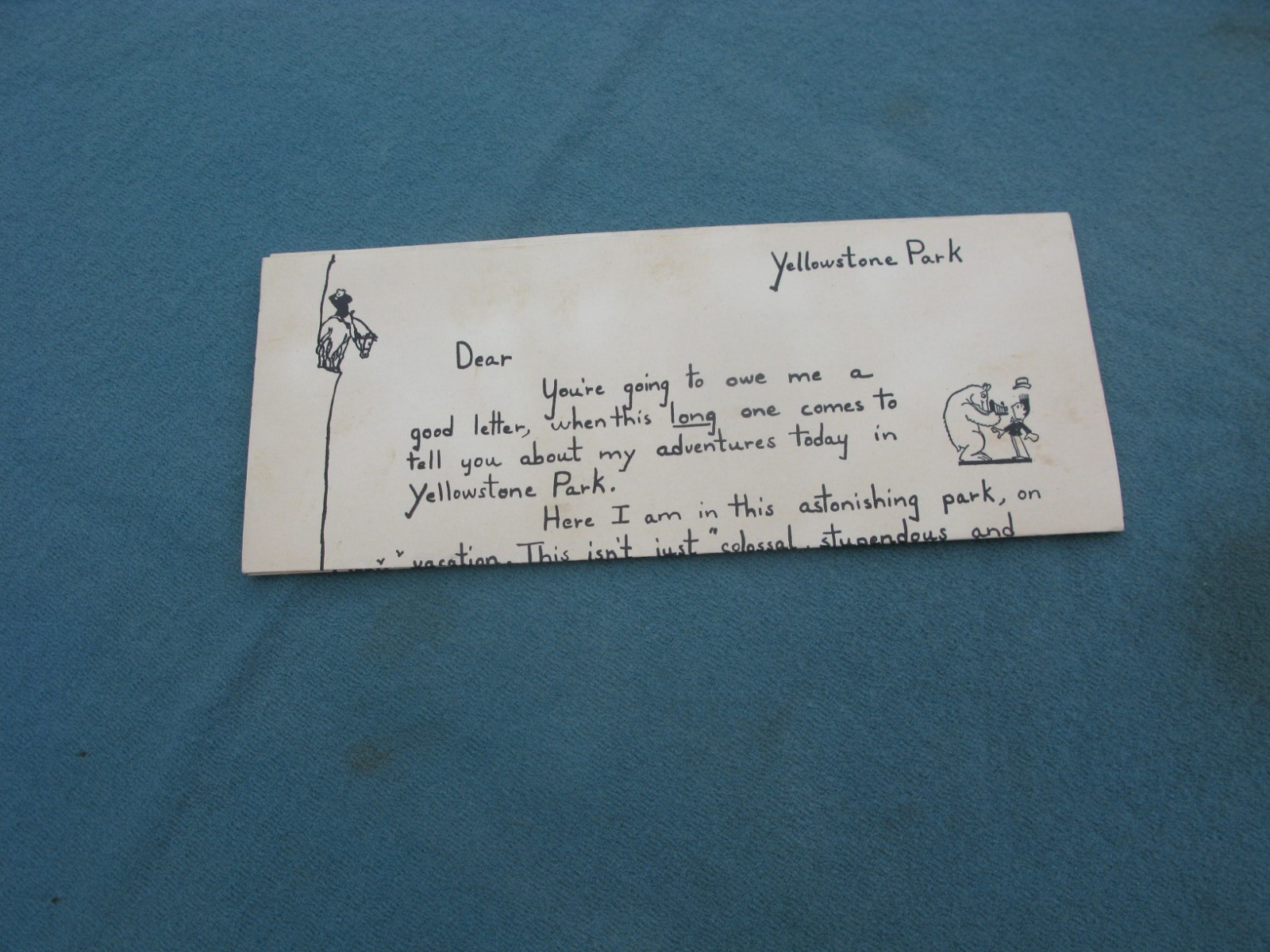 Rare, Original , Unusual and OLD Preprinted Letter from YELLOWSTONE PARK 9 x 33″