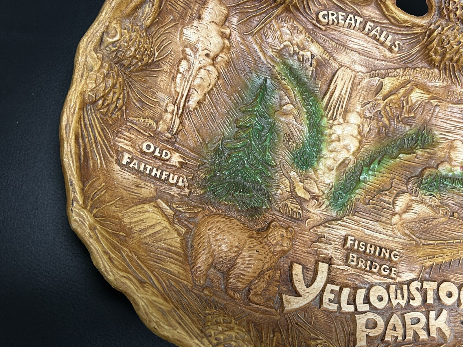 Vintage Taco Yellowstone Park Souvenir Plate Bowl 3D Faux Wood Retro W/Hanger