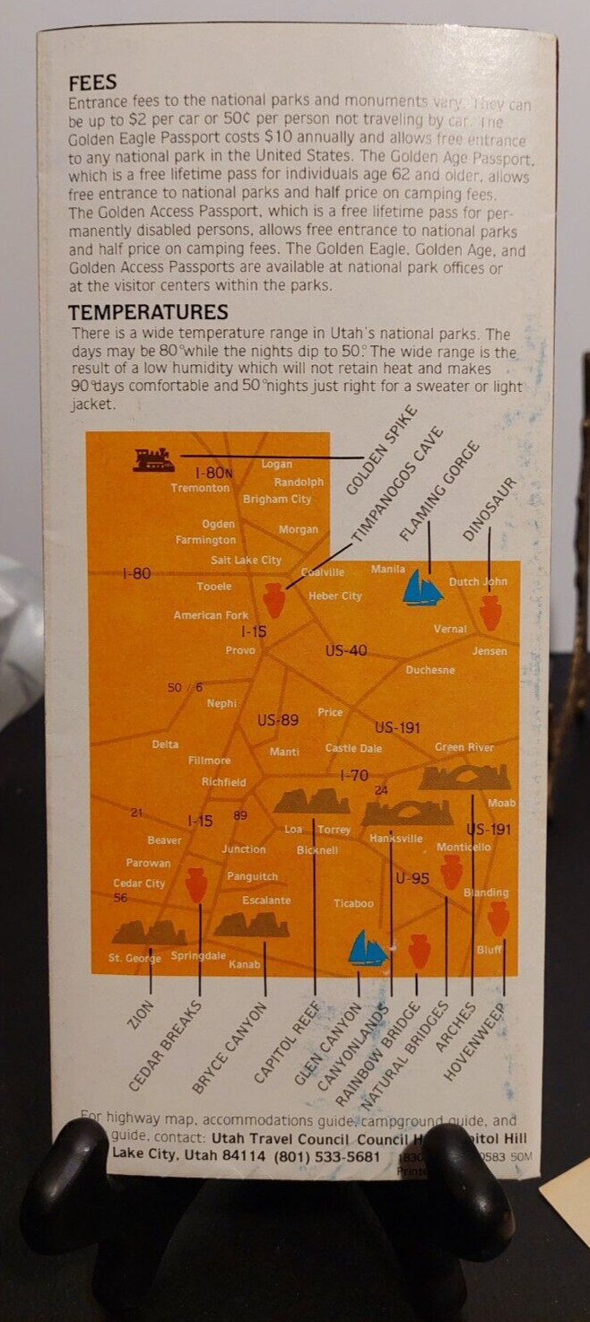UTAH, NATIONAL PARKS & MONUMENTS. VINTAGE FOLD OUT TRAVEL BROCHURE.