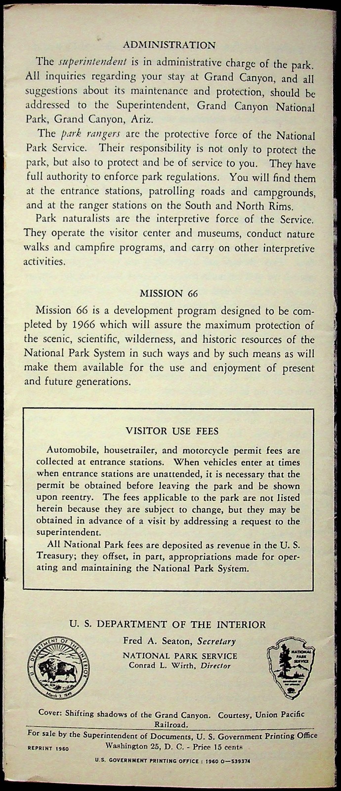 Vtg 1960 Grand Canyon National Park Arizona Tourists Travel Brochure