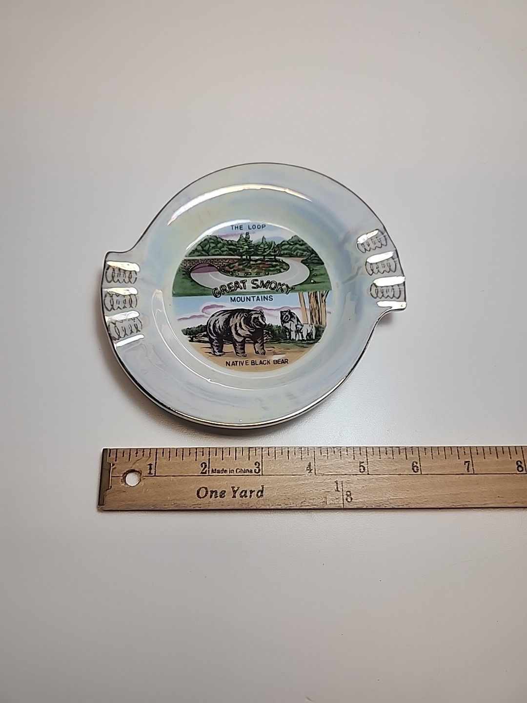 Vintage Great Smoky Mountains Souvenir Ashtray With Gold Trim