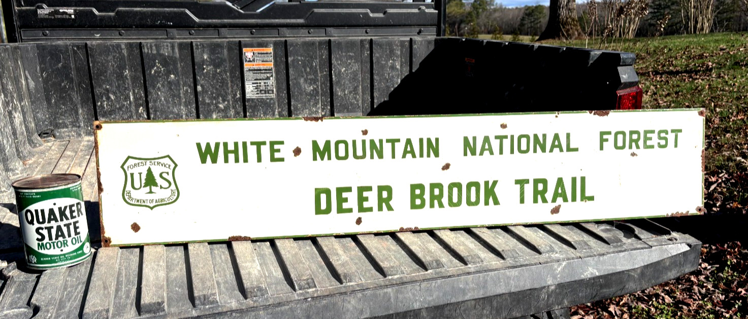 VINTAGE “WHITE MOUNTAIN NATIONAL FOREST DEER BROOK TRAIL” PORCELAIN SIGN, (RARE)