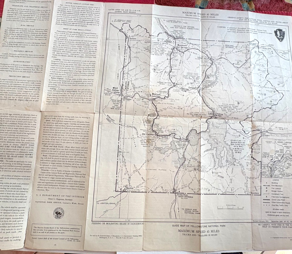 1952 Travel Brochure “Yellowstone National Park” by U.S. Government w/ Map *