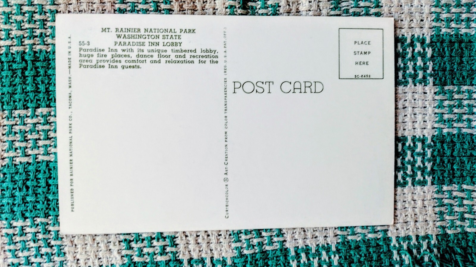 BEAUTIFUL POST CARD PARADISE INN LOBBY MT.RAINIER NATIONAL PARK WASHINGTON
