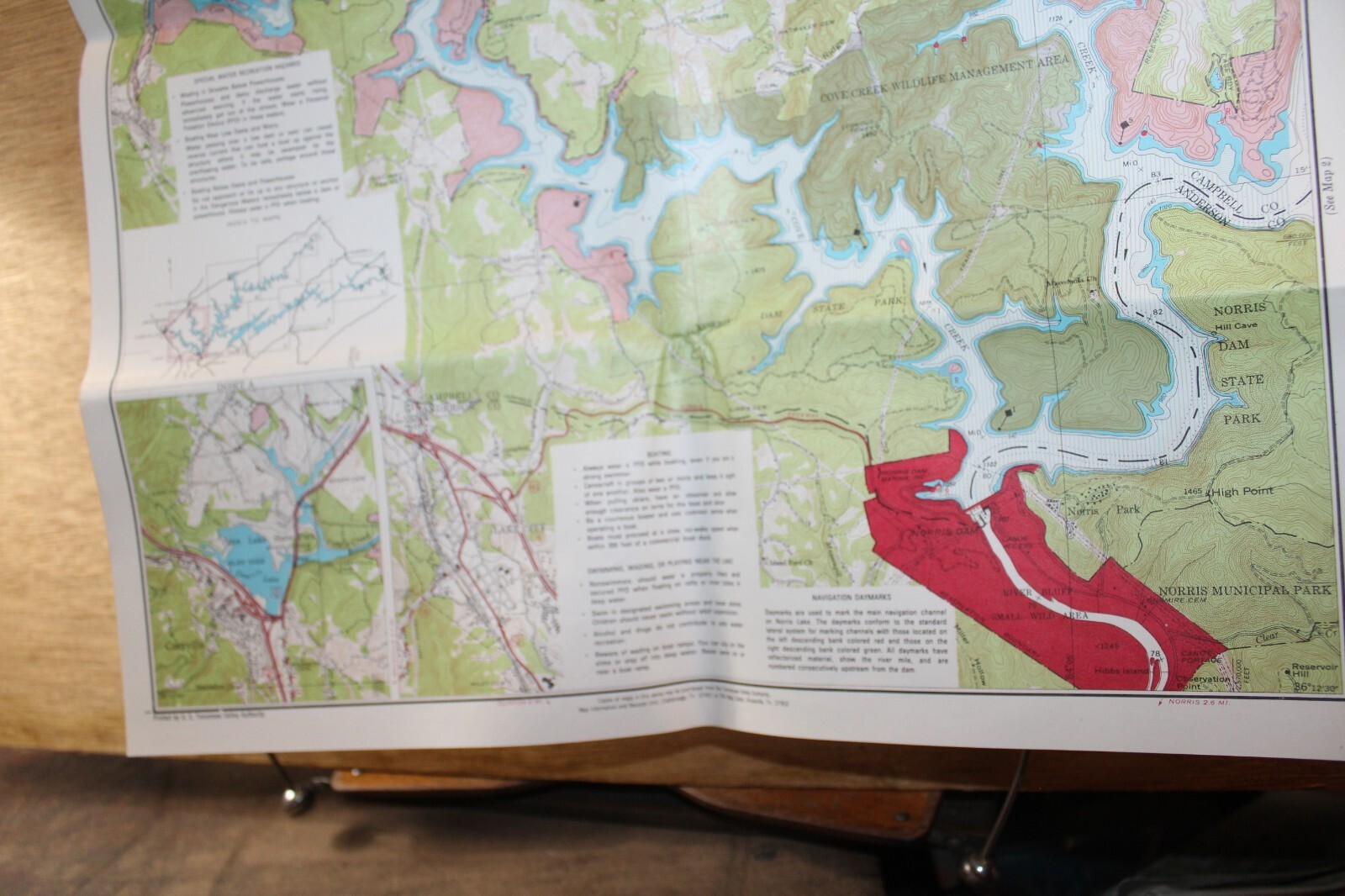 1985 Norris Lake Tennessee 21-1/2″ x 17″ Navigation Recreation Map TVA