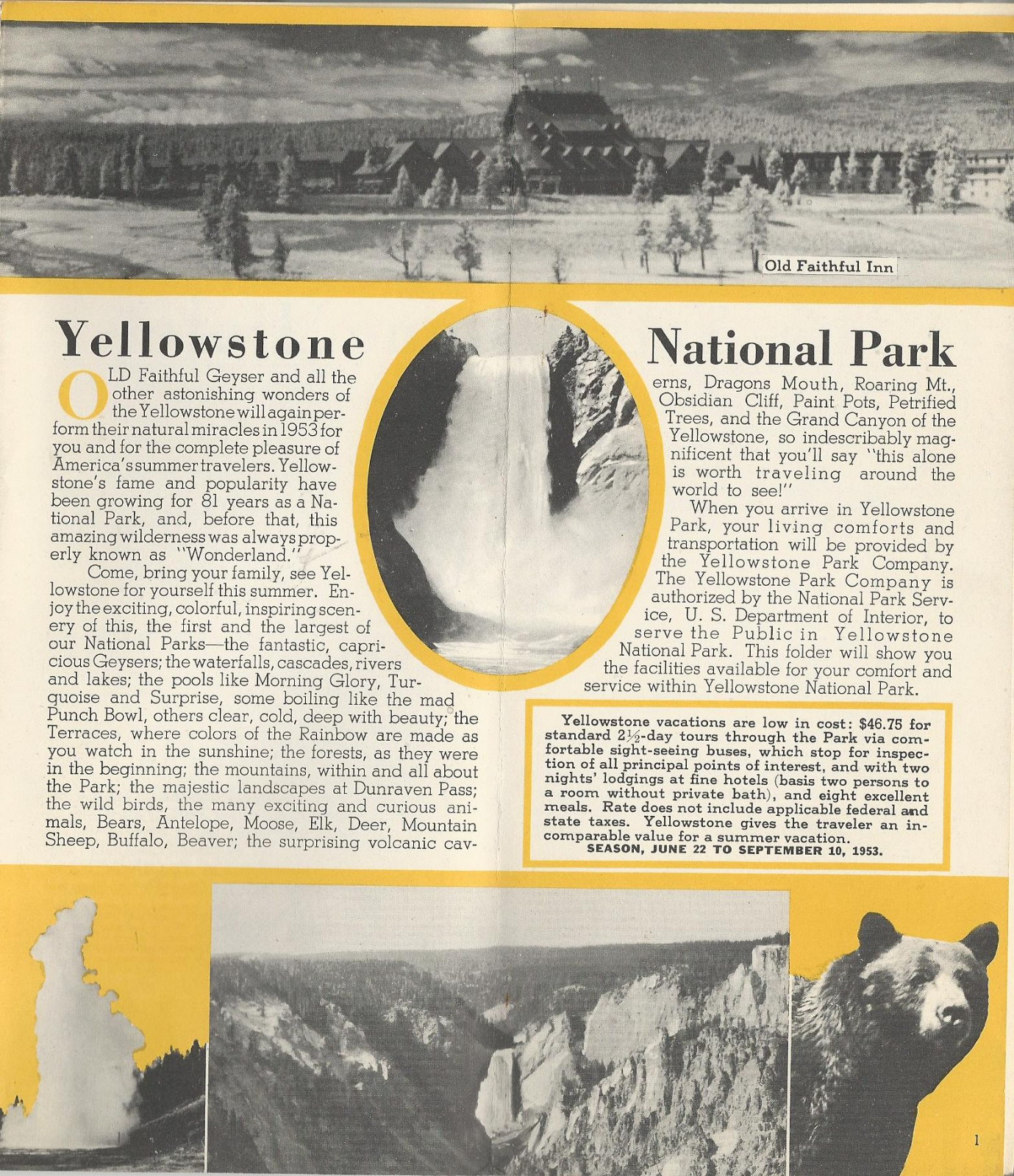 Yellowstone National Park 1953 Foldout Brochure Lodging Photos Tours Small Map