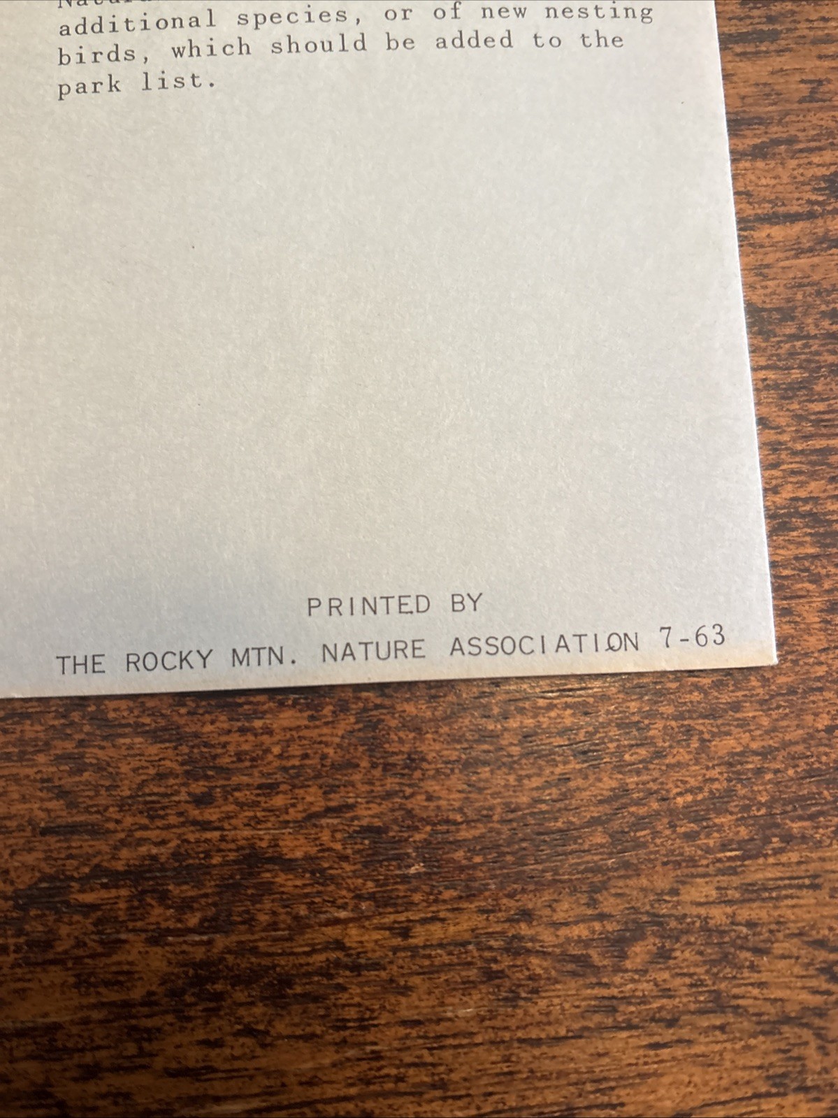 Rare Vintage Rocky Mountain National Park Bird Checklilst 1963