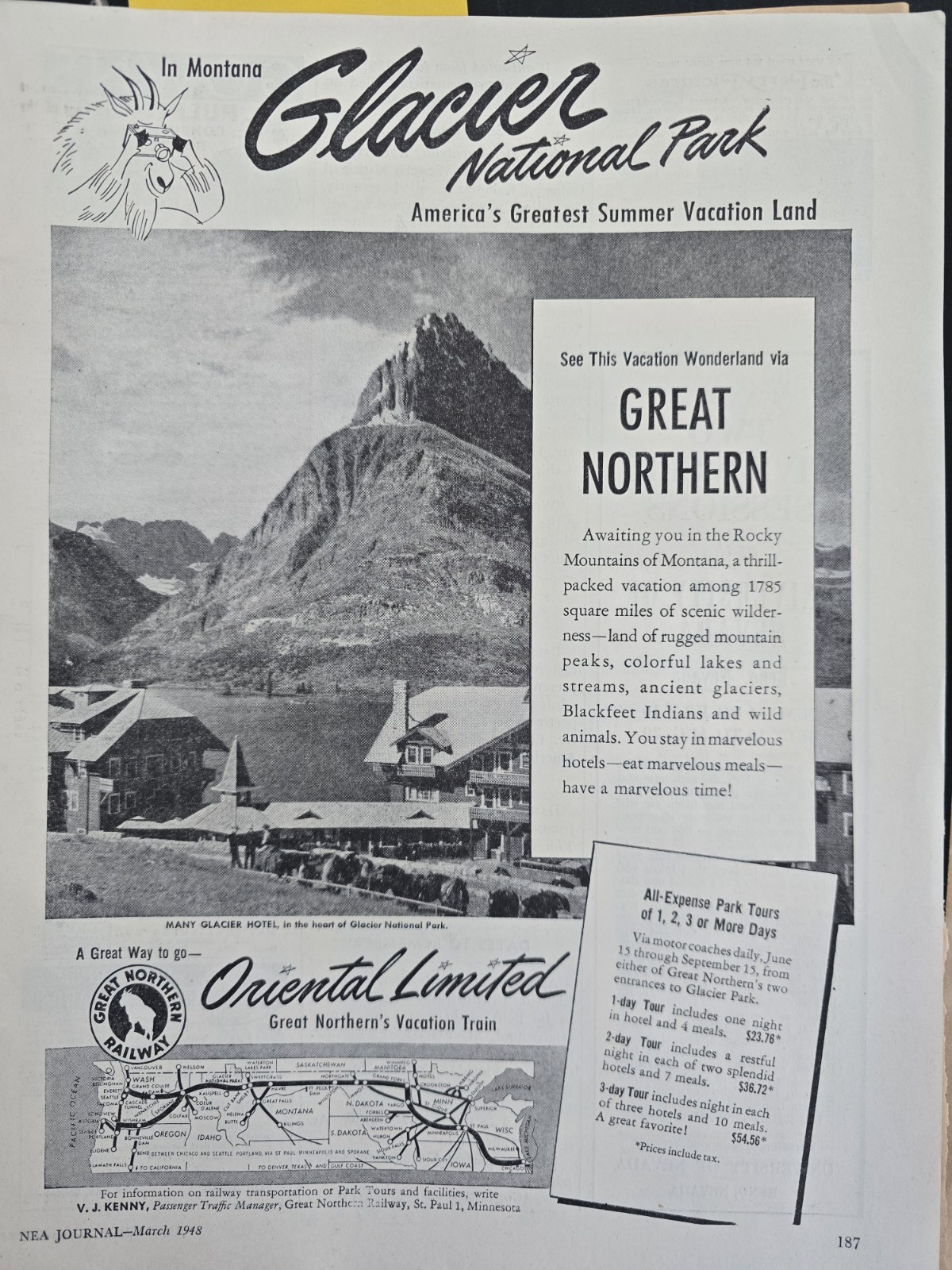 1948 Great Northern Railway Oriental Limited Glacier National Park vintage Ad