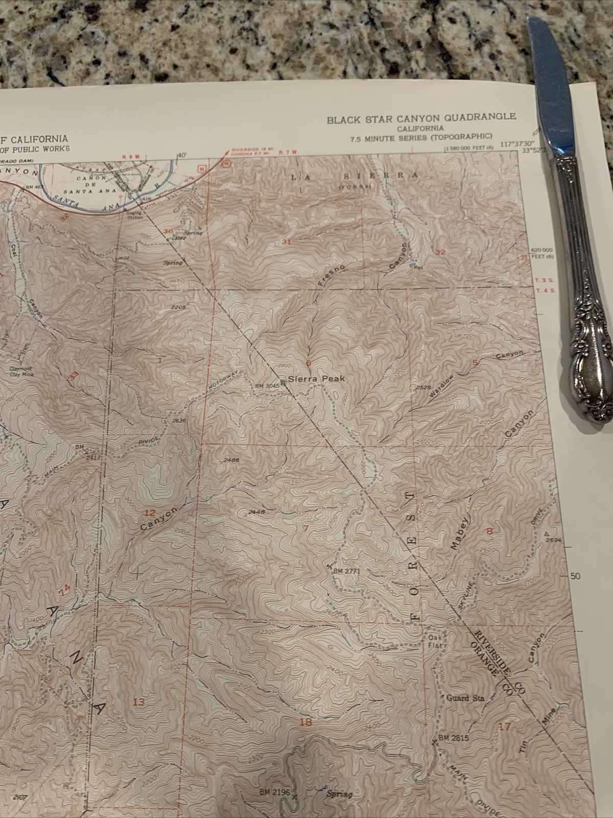 VTG 1949 Topographic Map Santa Ana Mtn & Irvine Lake, CA 22” x 27″. #C