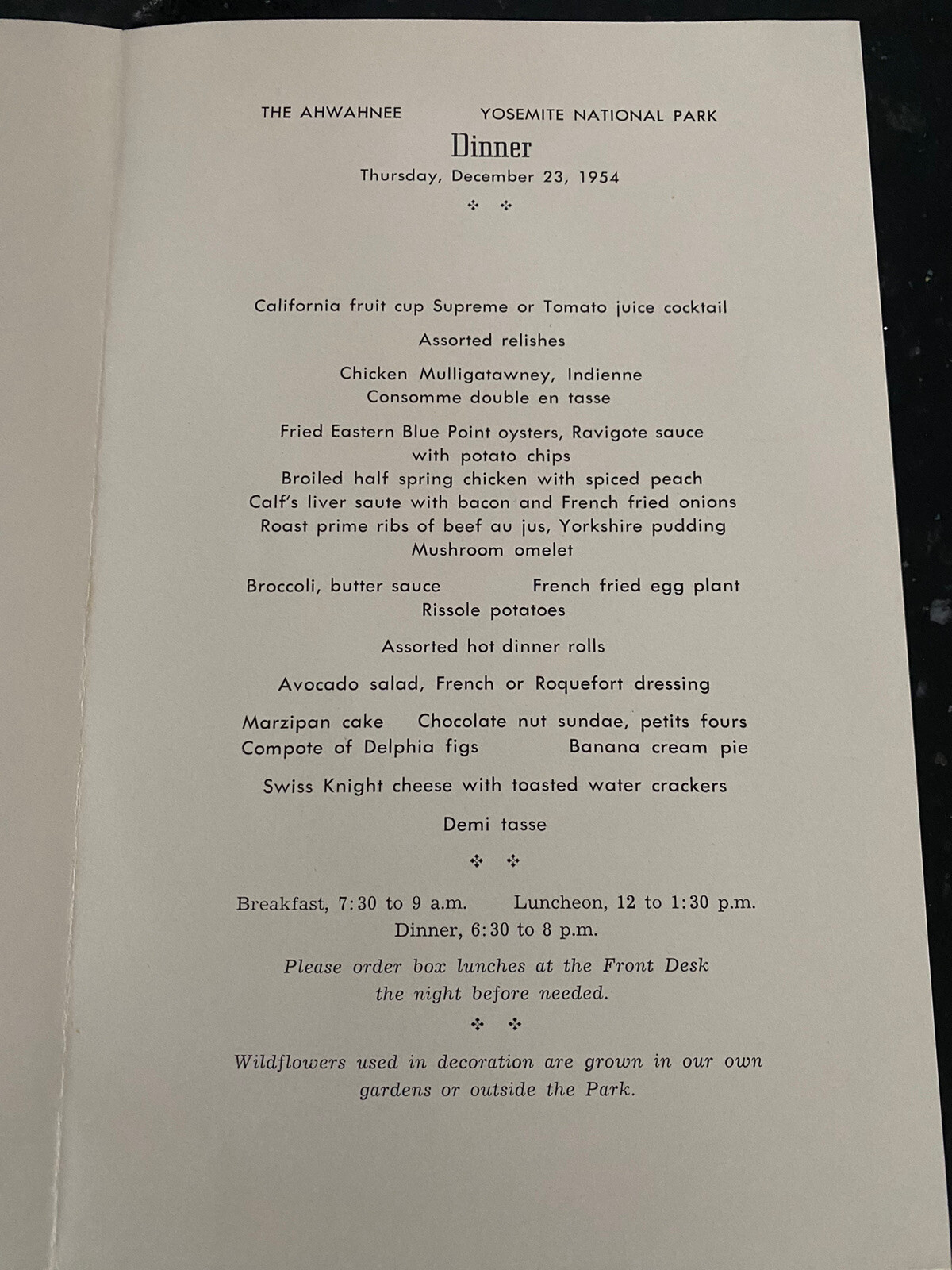 Ahwahnee Dinner Menu Yosemite National Park December 23, 1954