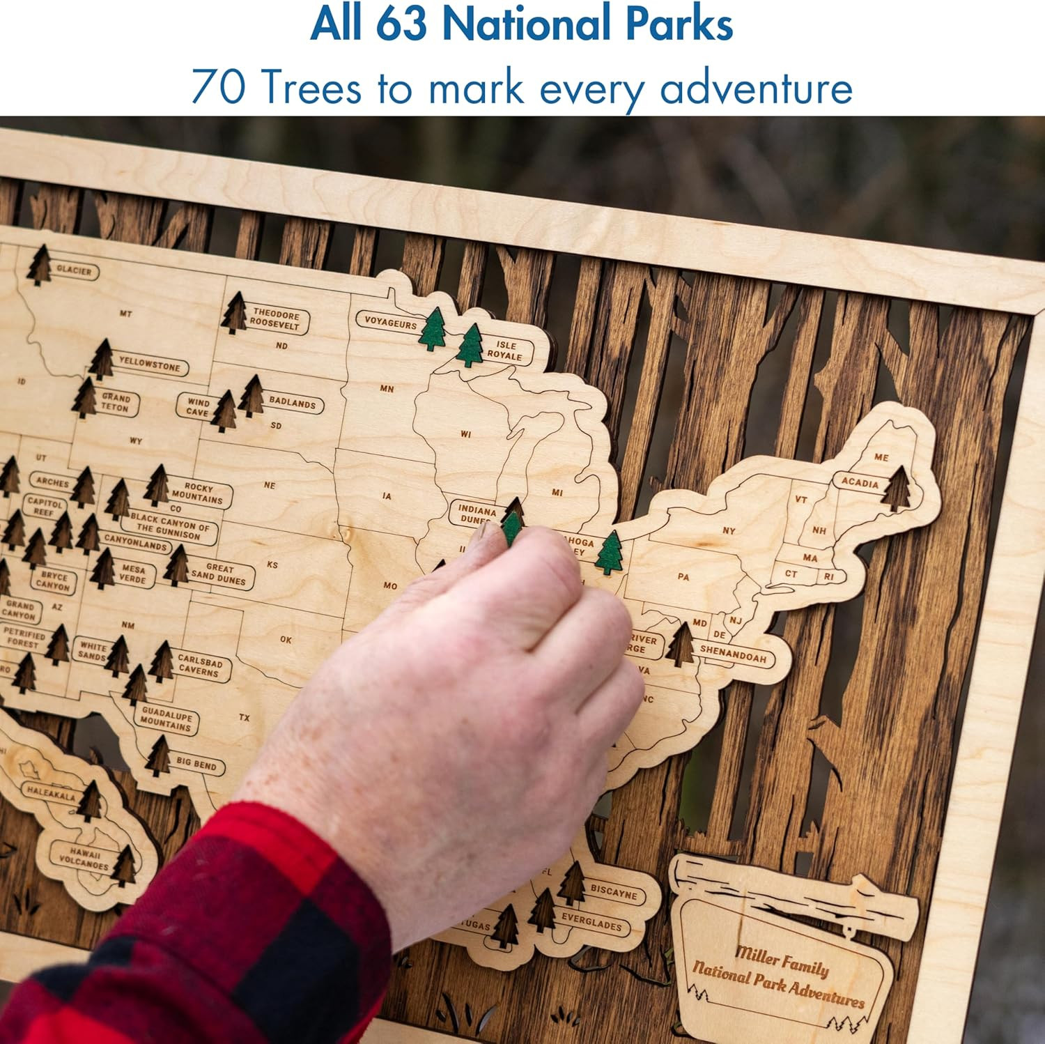 Wooden National Park Map with Push Pin Travel Tracker – All 63 Parks Checklist –