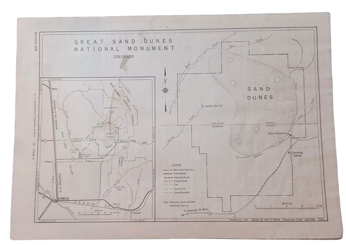 1950 Great Sand Dunes National Monument US Park Service Brochure Map Arizona