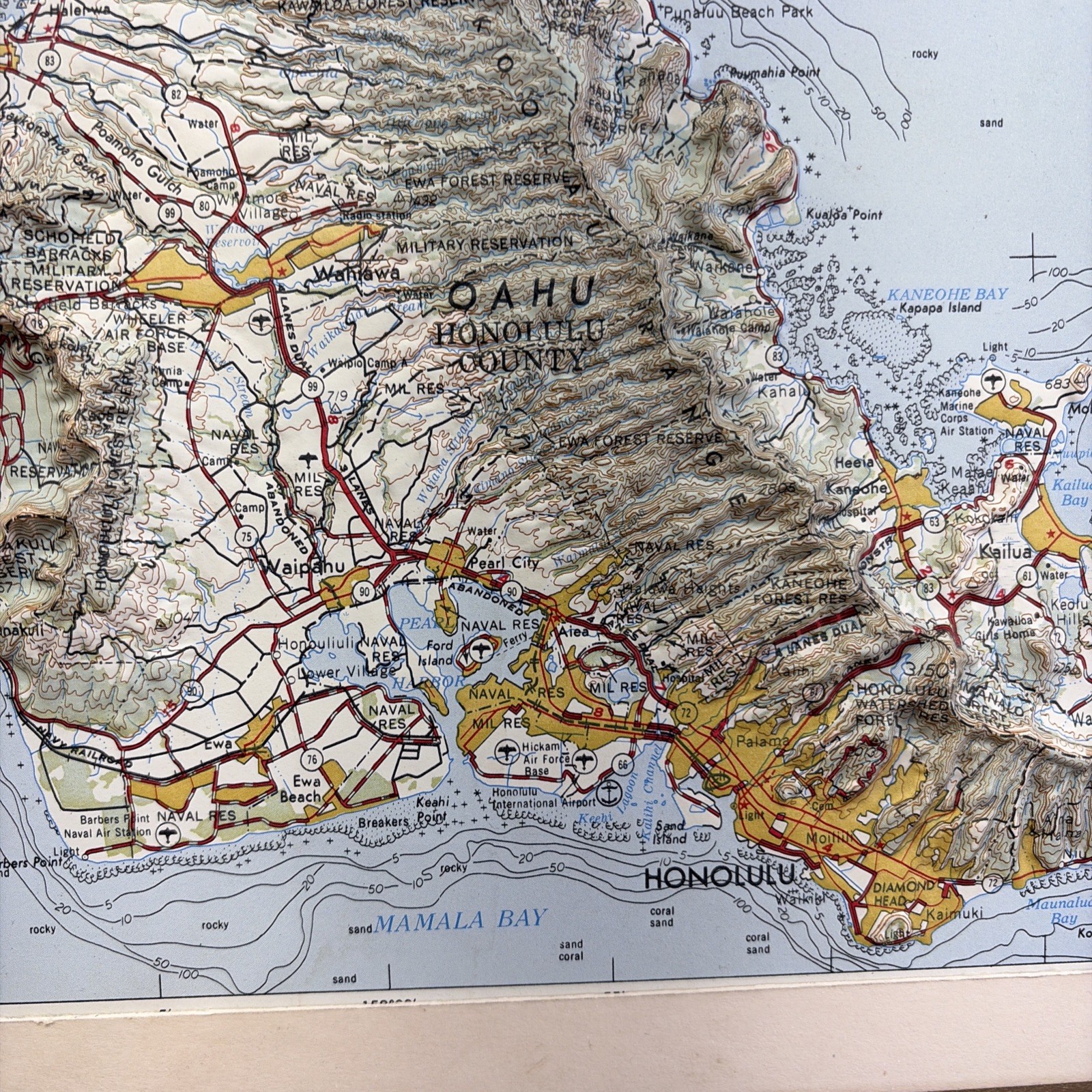 Raised Relief Map of the island of Oahu, Hawaii Honolulu 3D Framed Vintage