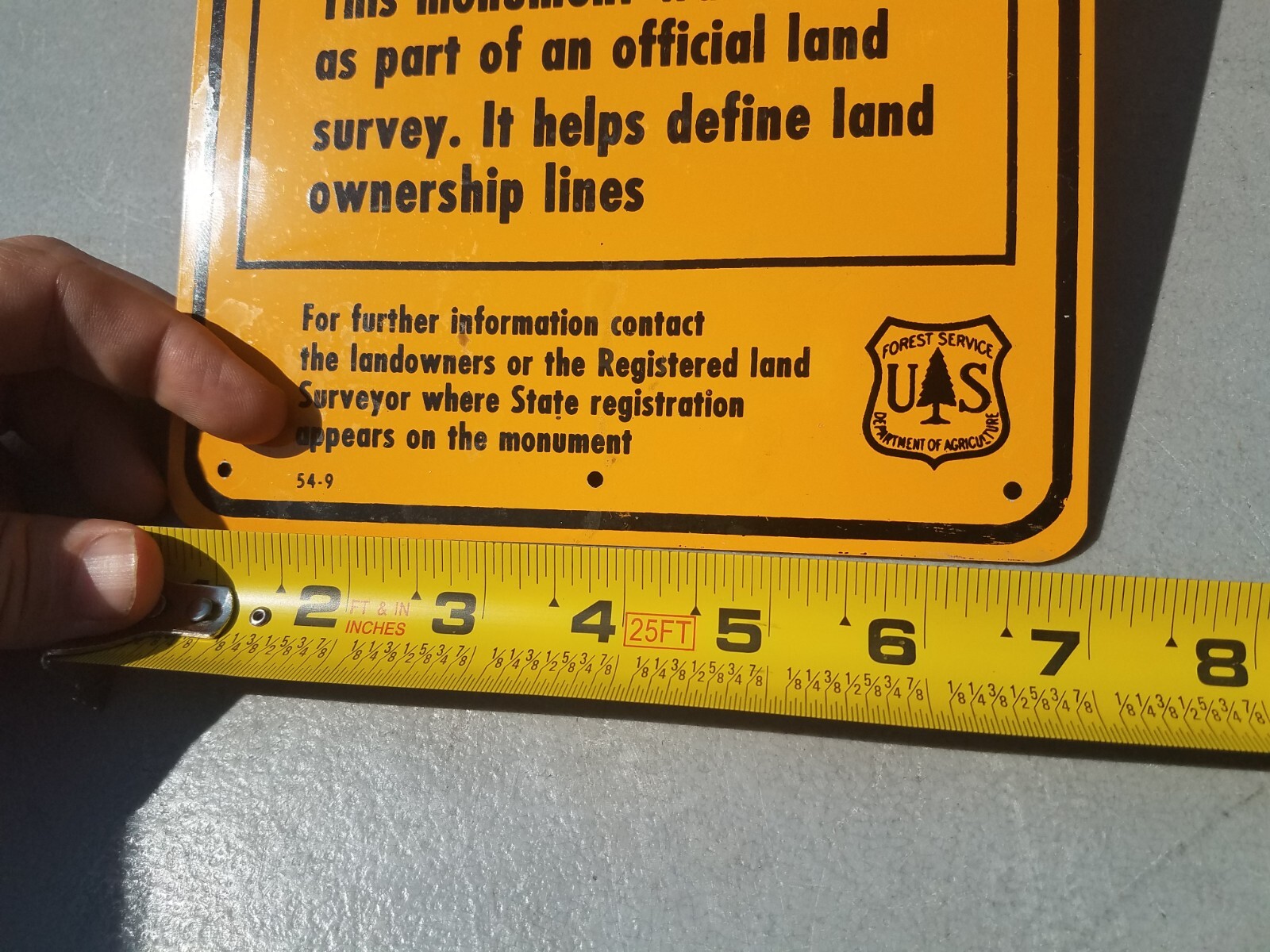 NOS Original Land Survey Monument Metal Sign National Forest Service 54-9