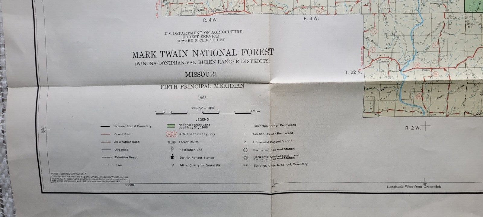 1968 MAP Mark Twain National Forest Service U.S. Dept Of Agriculture Missouri