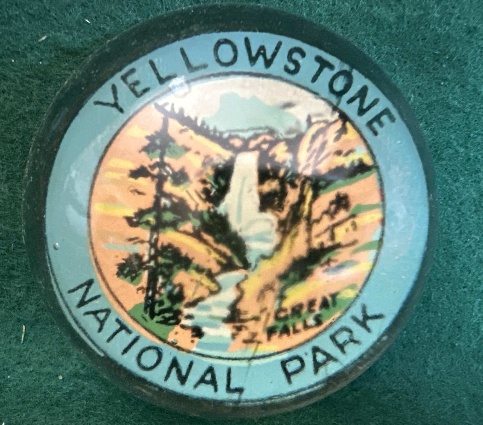 Vintage Yellowstone National Park 3” Glass Dome Paperweight Great Falls Circular