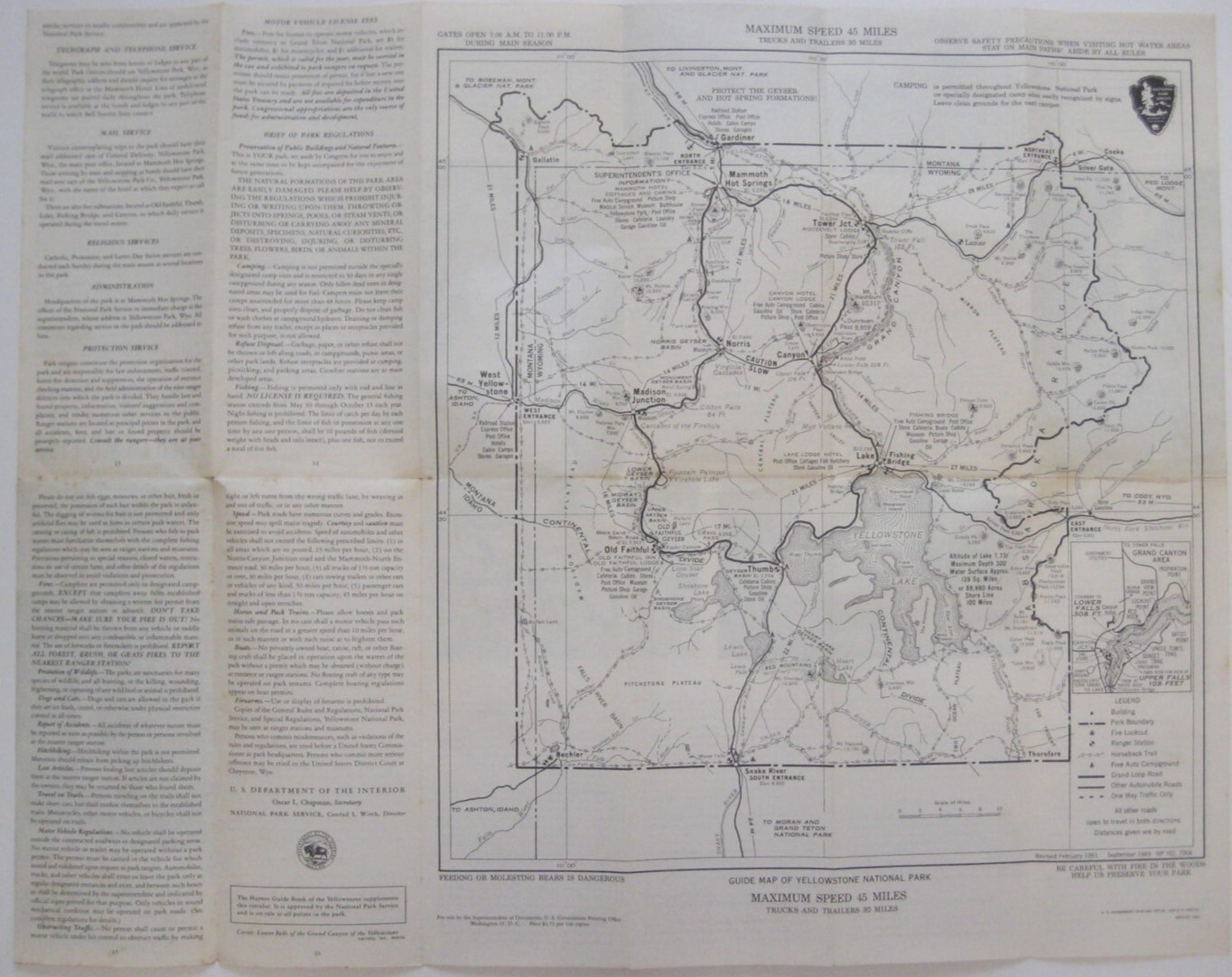 Official 1951 Road Map Brochure YELLOWSTONE NATIONAL PARK Montana Wyoming Idaho