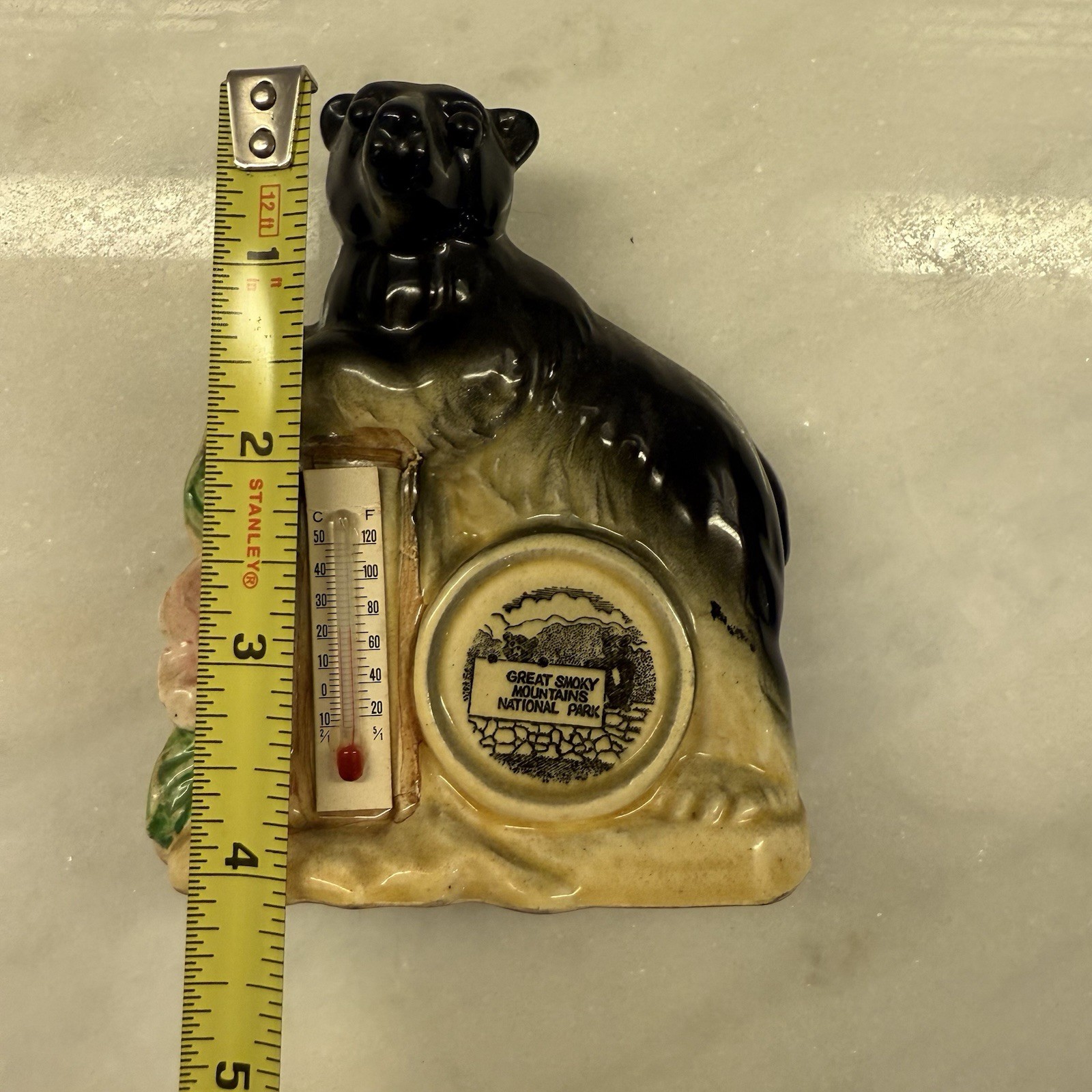 Vintage Great Smoky Mountains National Parks Ceramic Bear Flower Thermometer 80s