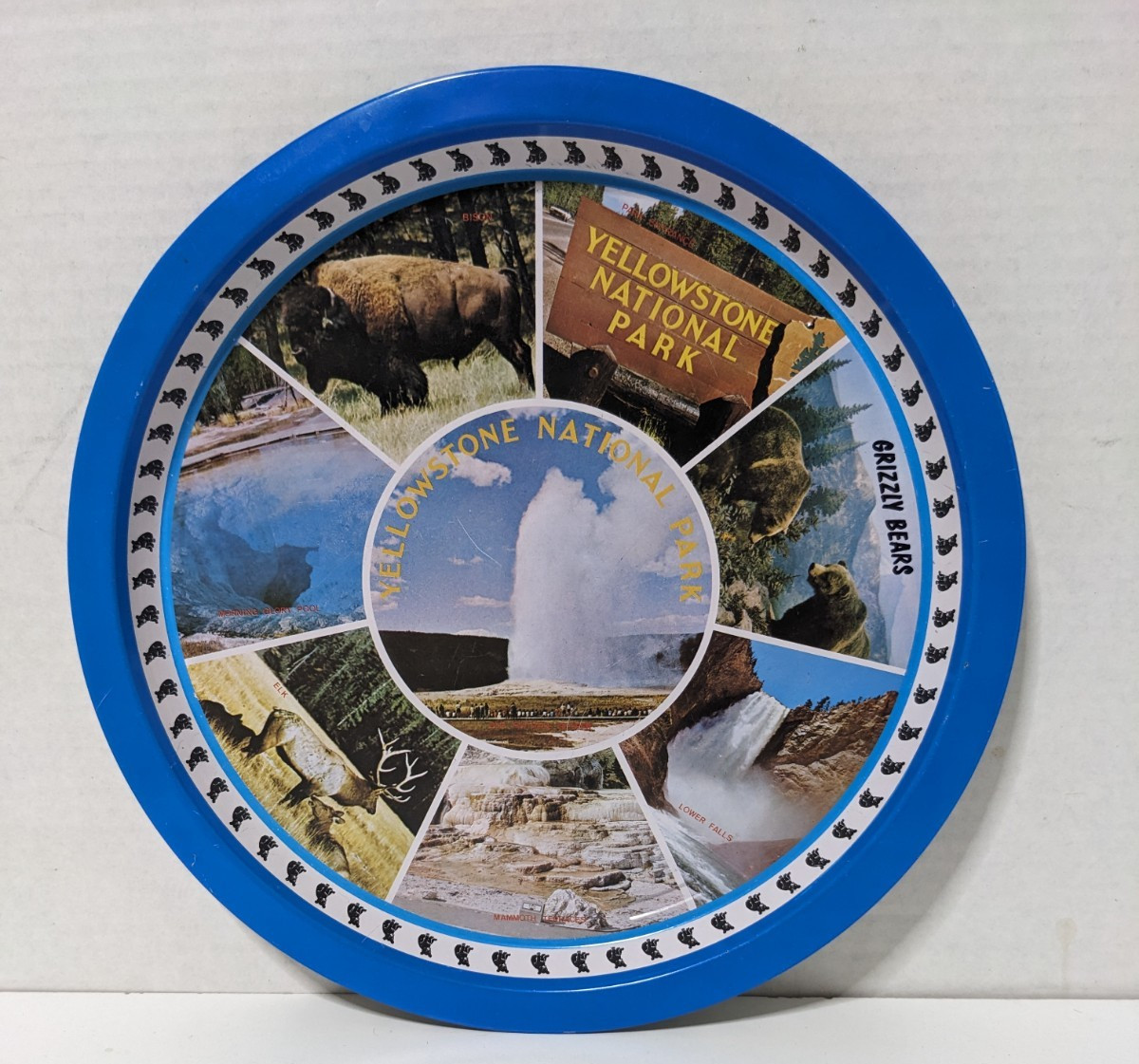 Yellowstone National Park Souvenir Tray Litho Metal 12.5″ Diameter Vintage