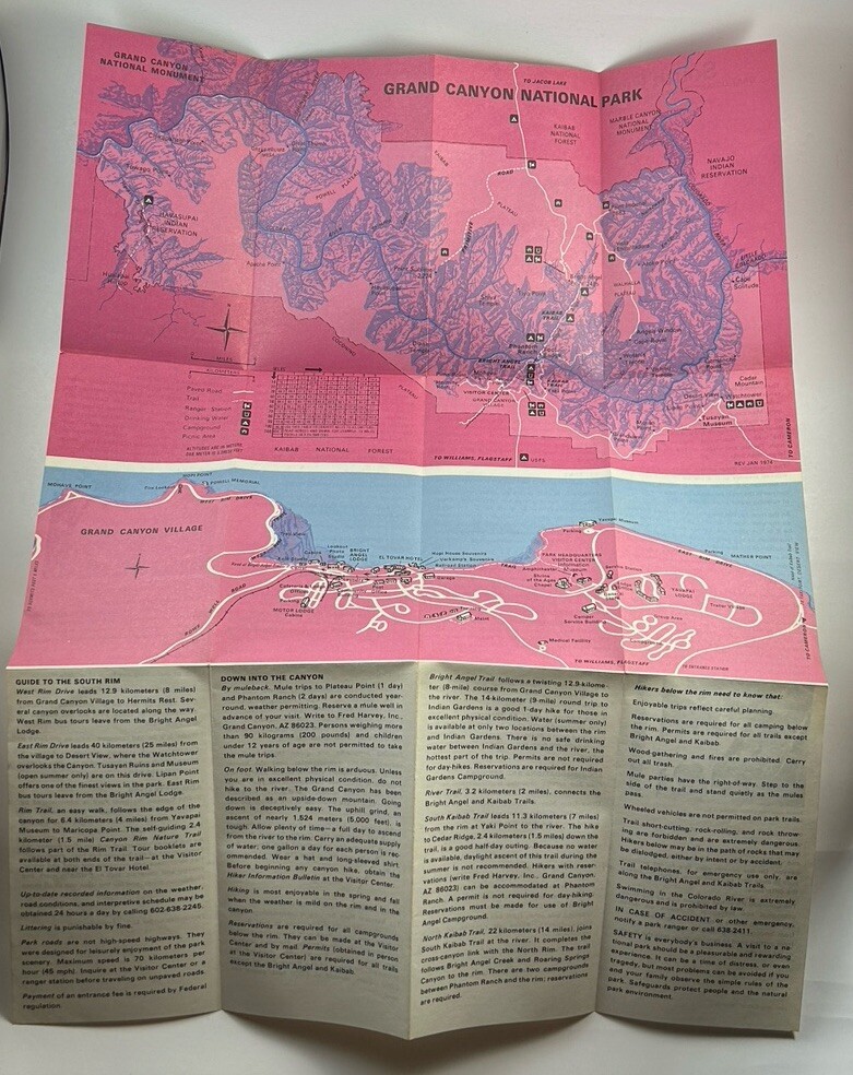 1974 South Rim Grand Canyon National Park Vintage Map Brochure AZ Foldout
