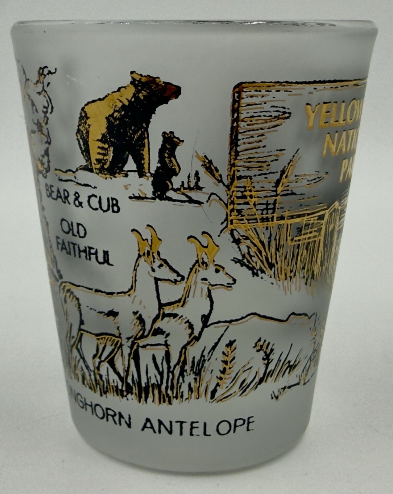 Yellowstone National Park Souvenir Shot Glass Black & 22K Gold A48 By Libbey
