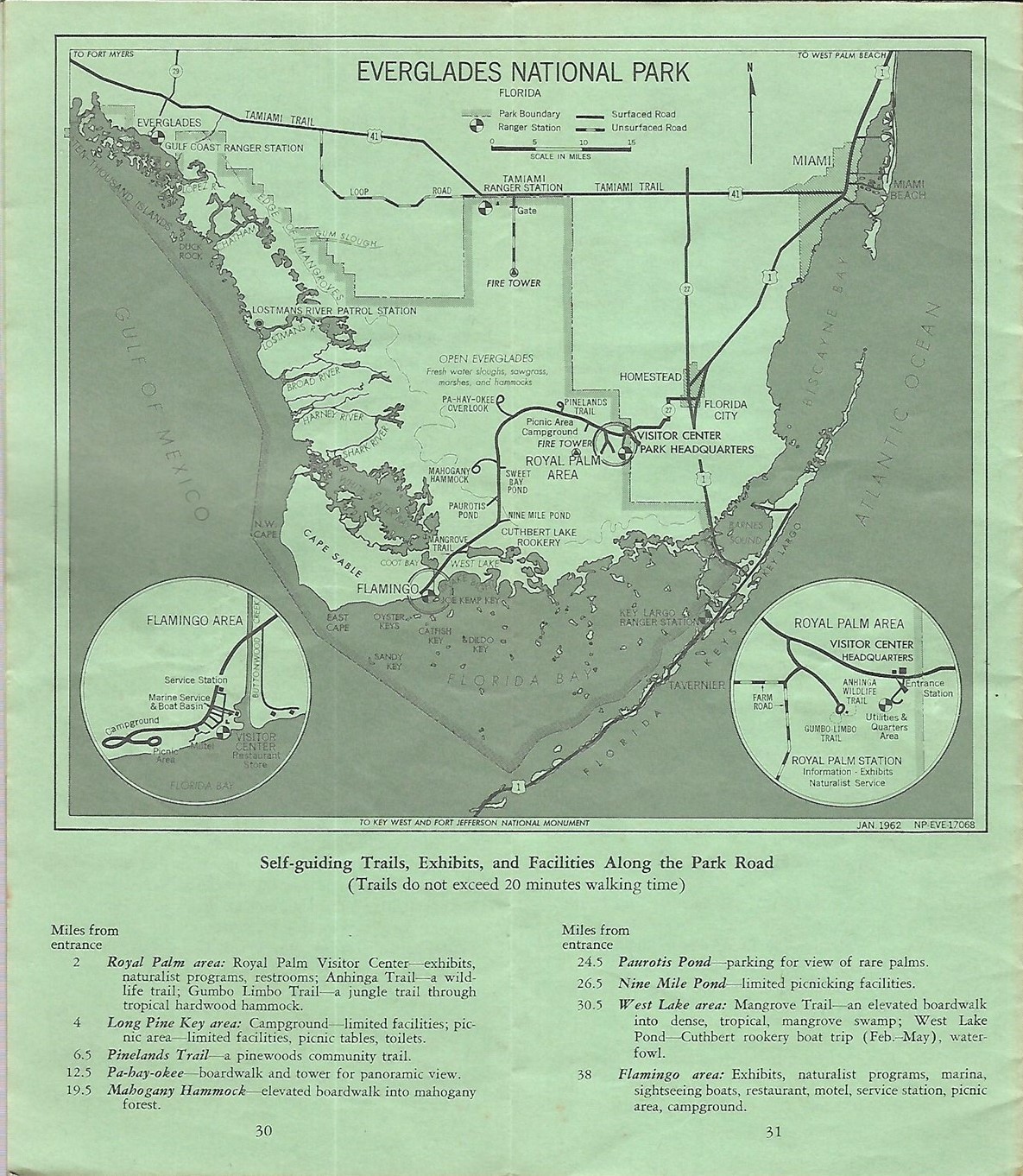 1962 EVERGLADES NATIONAL PARK Booklet Road Map Trails Flamingo Lodge Bird Photos