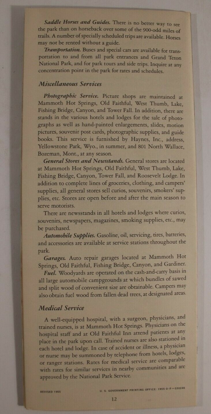 1955 Yellowstone National Park Inside Map Wyoming Montana Idaho Tourist Guide