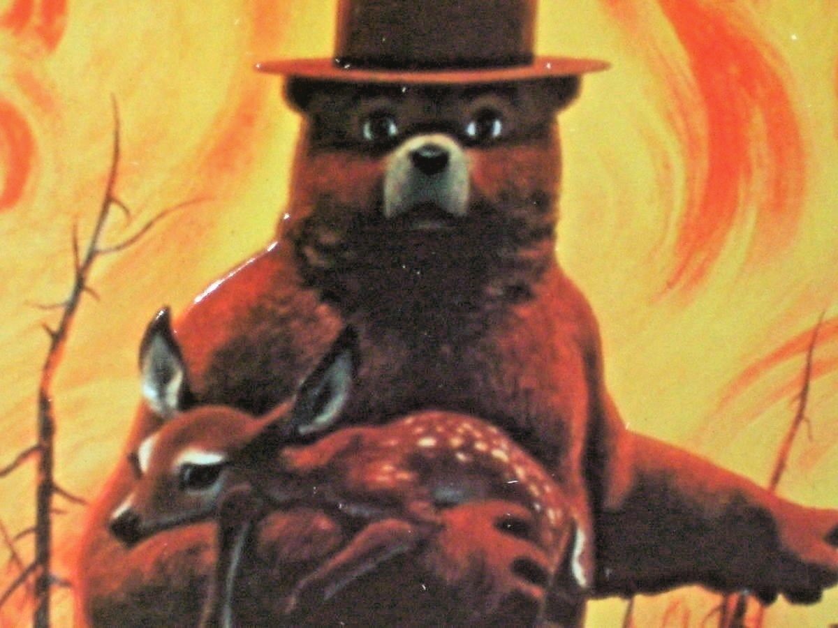 SMOKEY THE BEAR — Saving Deer From FOREST FIRE — Embossed Tin Metal Sign -NICE