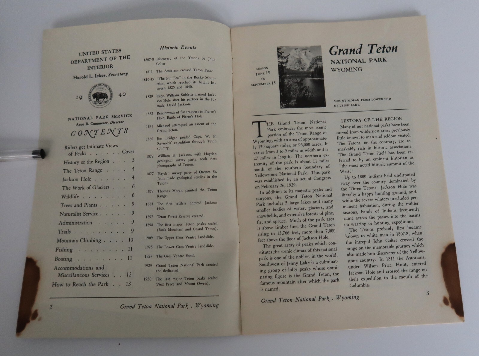 Vtg Grand Teton National Park Wyoming booklet 1940 Dept of Interior Ephemera