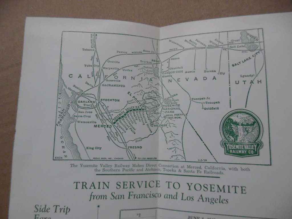 1942 Yosemite Valley Railway Timetable Californai WWII Era National Park Vintage