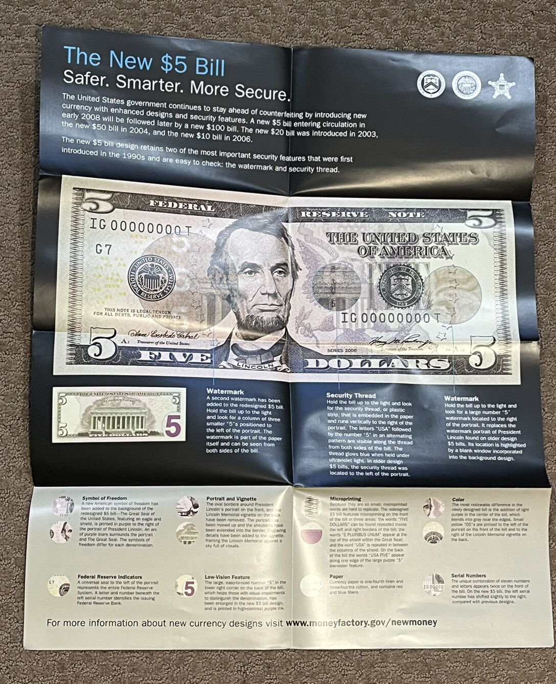BUREAU OF ENGRAVING & PRINTING THE NEW $5 BILL BROCHURE & POSTER 2008