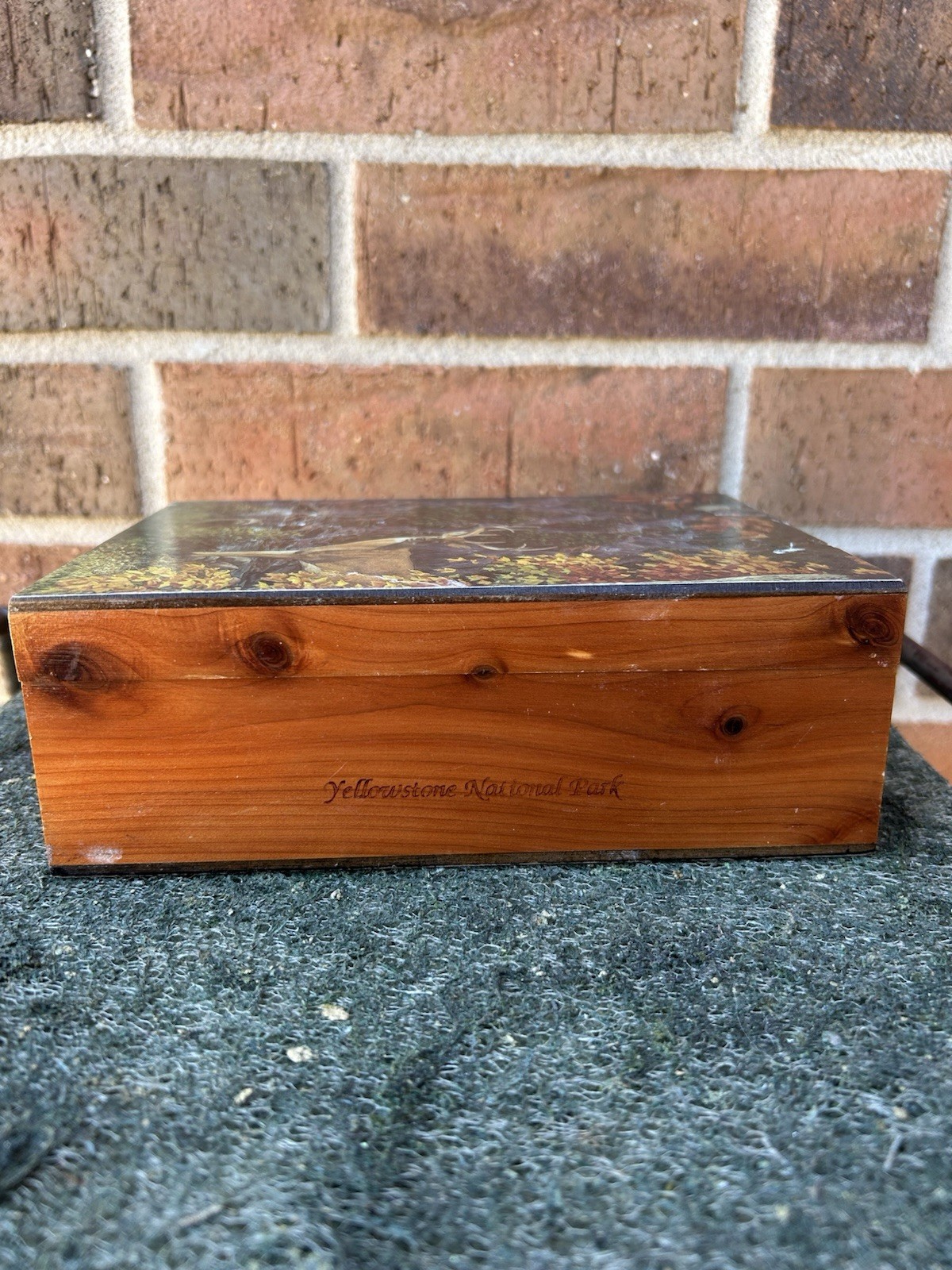 VTG Yellowstone Souvenir Wooden Box J Van Straalen Artwork Wildlife Park Rustic