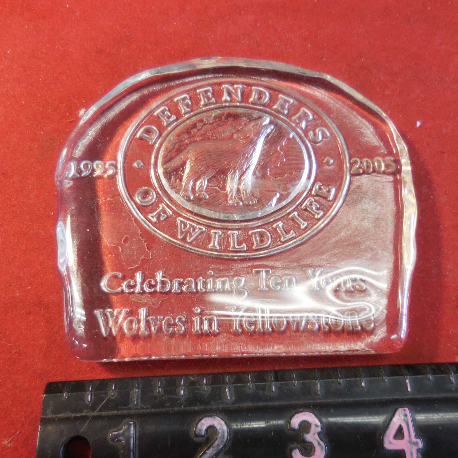 2005 Defenders of Wildlife 10 Years of Wolves in Yellowstone Glass Paperweight