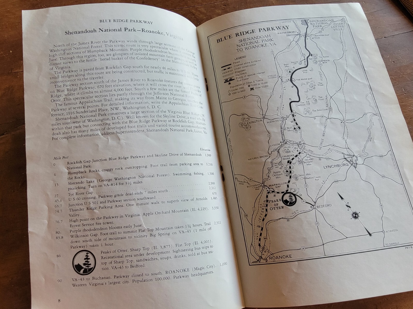 Blue Ridge Parkway, Virgina/North Carolina VINTAGE 1949 Travel Map/Brochure