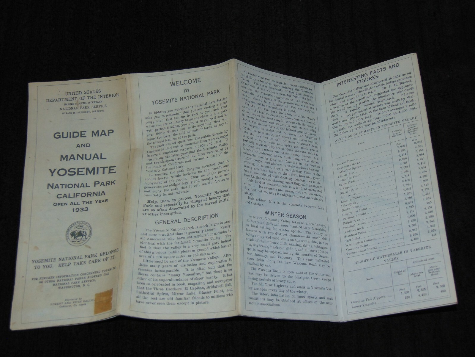 REPRINT OF 1933 U.S. DEPT. OF THE INTERIOR 28″ X 32″ YOSEMITE GUIDE MAP & MANUAL