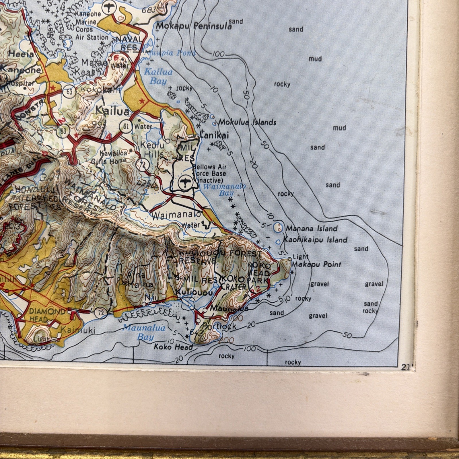 Raised Relief Map of the island of Oahu, Hawaii Honolulu 3D Framed Vintage