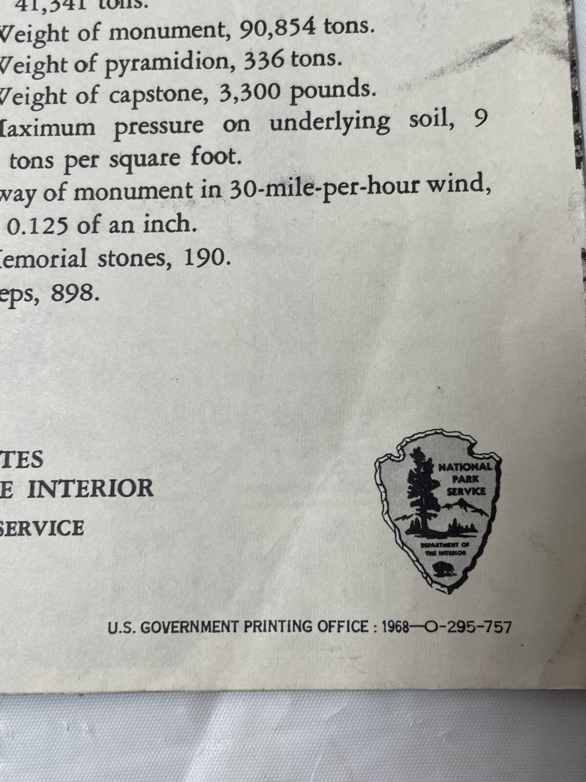 1968 Washington Monument brochure History Dept of Interior Nat’l Park Service