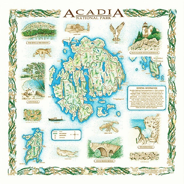 Acadia National Park Bandanna 2-Pack Bundle Maine Map Printed Image Nature Facts