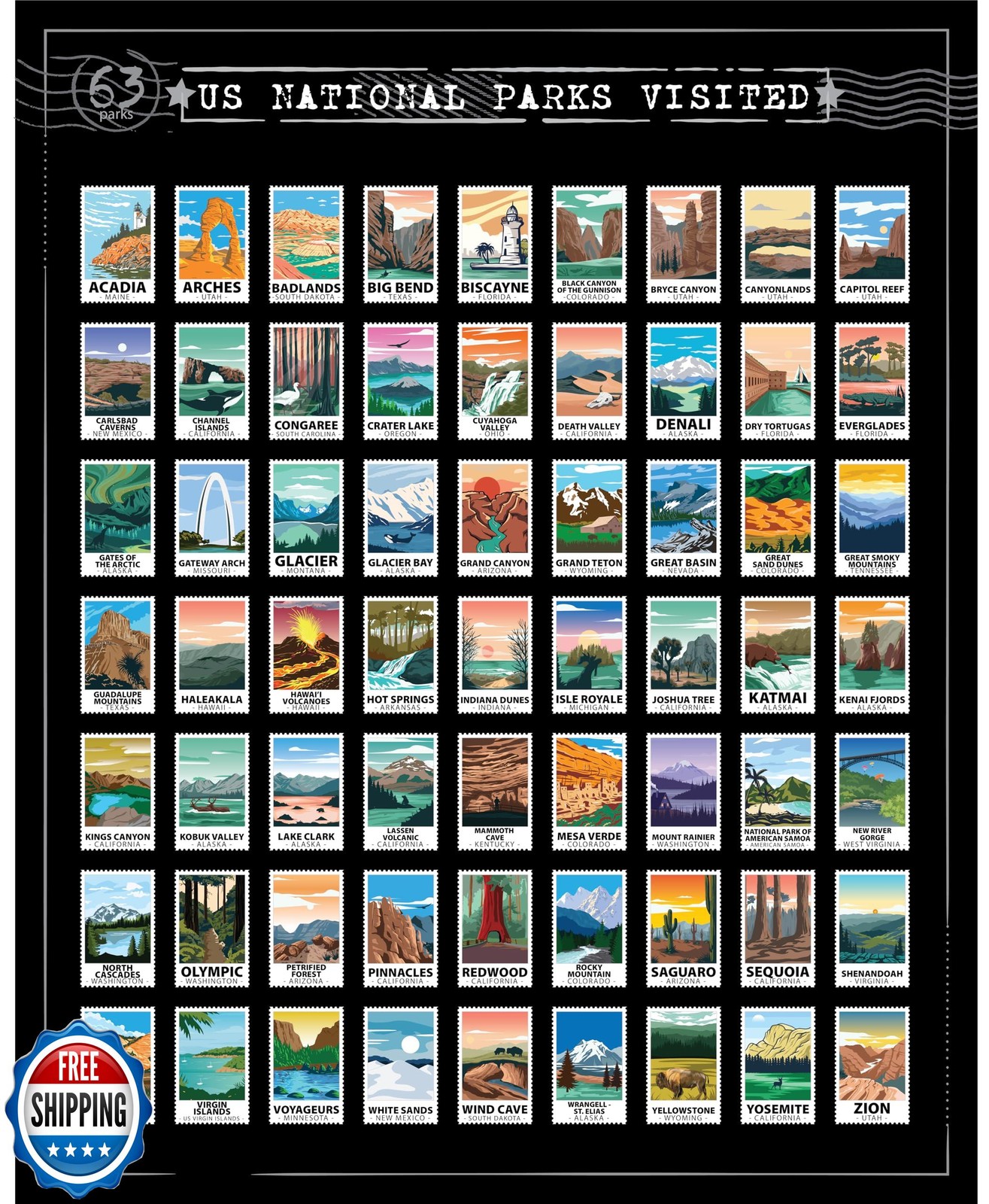 Gunjovi 63 National Parks Scratch Off Poster – Travel Gift Bucket