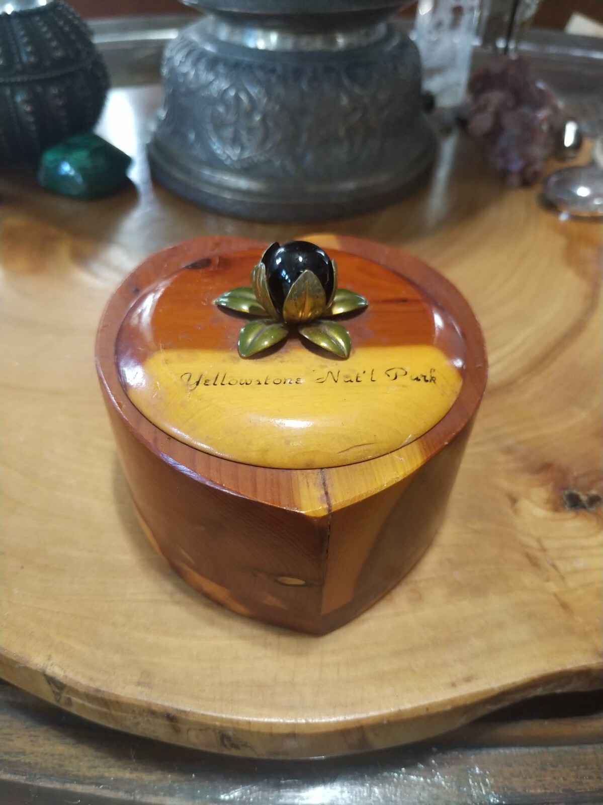 Vintage Yellowstone National Park cedar wood heart trinket box