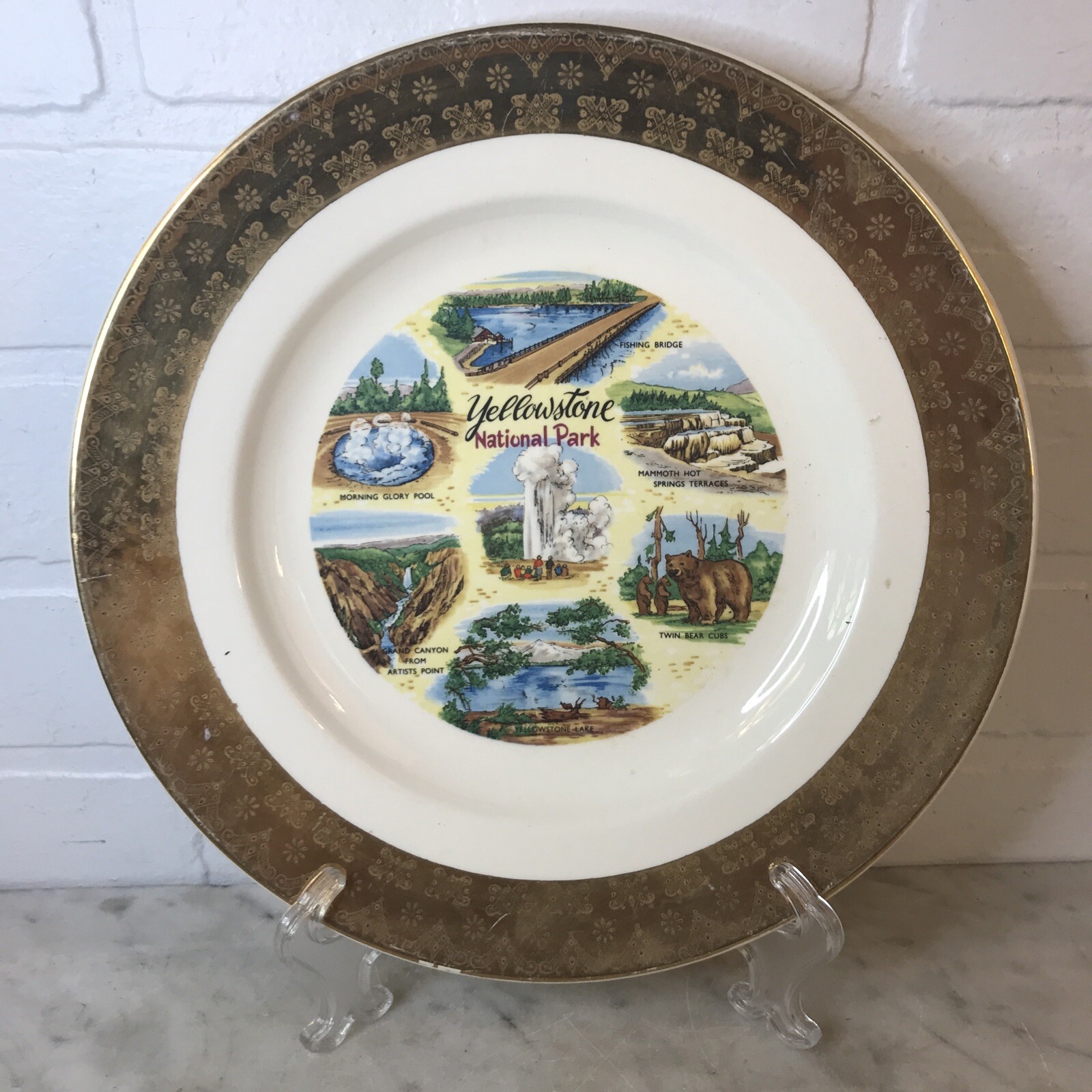 Vintage Yellowstone National Park Souvenir Plate Old Faithful Geyser Wyoming